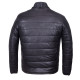 Black Leather Hooded Puffer Jacket.