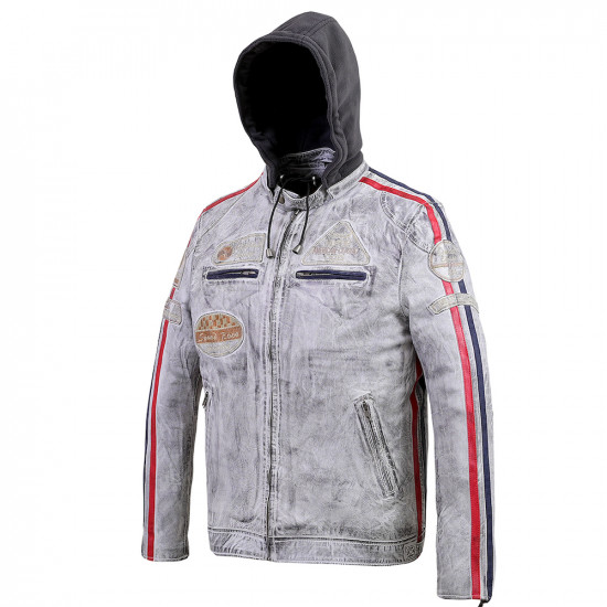 Ash White Hooded Fleece Leather Biker Jacket