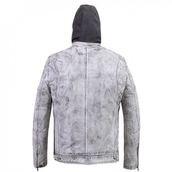 Ash White Hooded Fleece Leather Biker Jacket