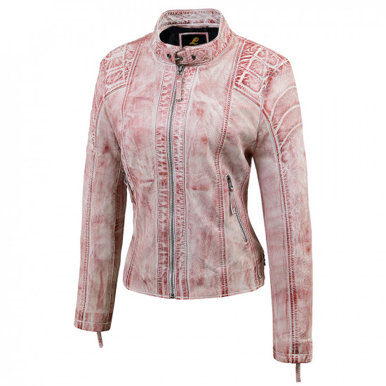 Distressed Pink Leather Biker Jacket 