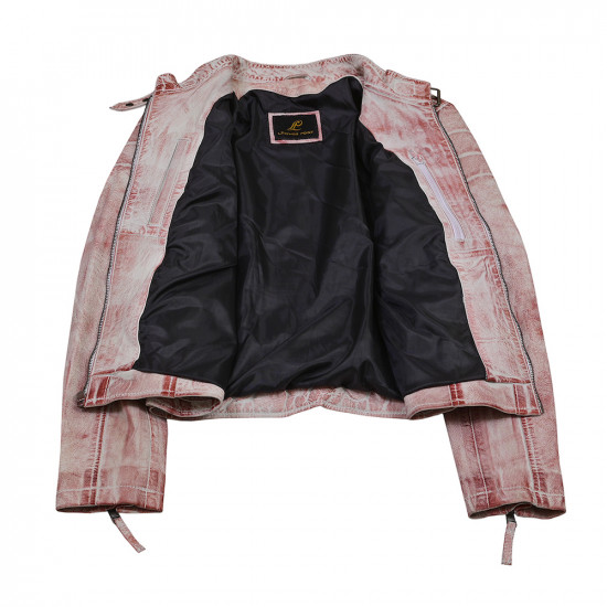 Distressed Pink Leather Biker Jacket 